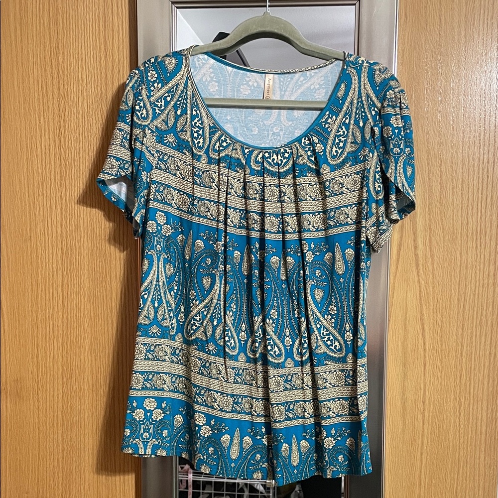 Anymeet plus size top 2X Blue and Gold Paisley Short Sleeve Top